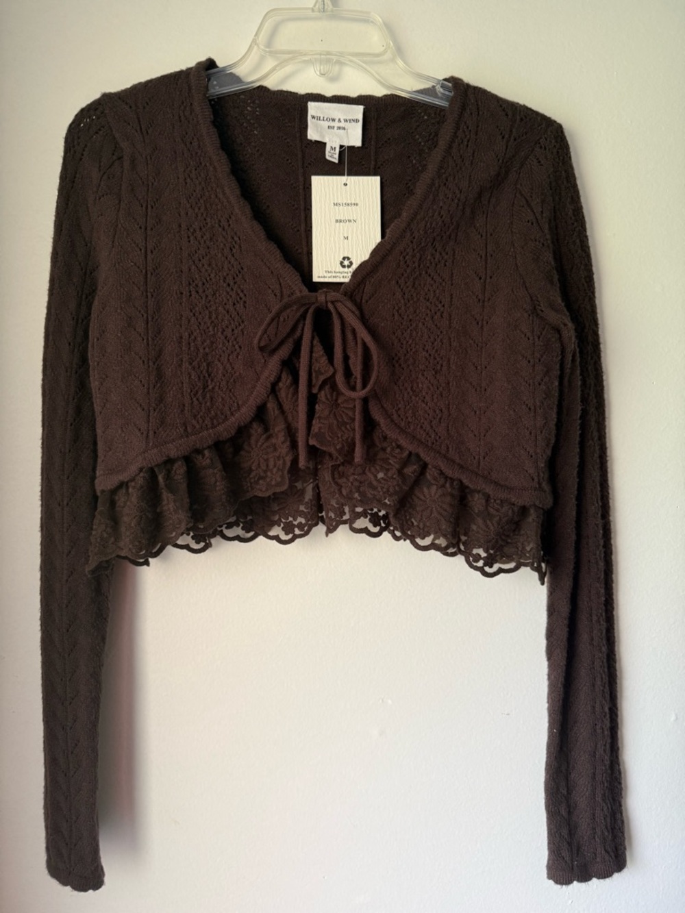 Willow & Wind Brown Cropped pointelle-knit Cardigan Tie front Lace Women M